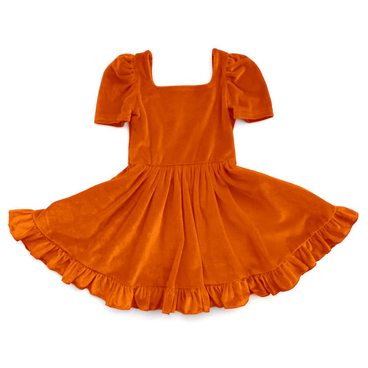 presale GSD2765 Baby Girls Orange Short Sleeves Velvet Ruffle Knee Length Dresses D 7.16