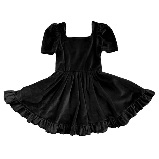 presale GSD2766 Baby Girls Black Short Sleeves Velvet Ruffle Knee Length Dresses  D 7.16