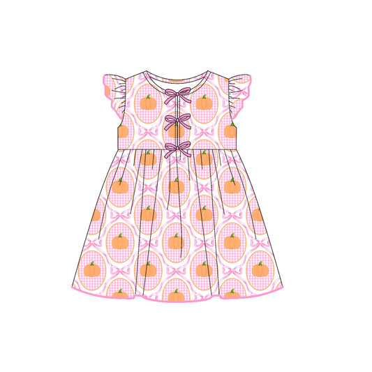 presale GSD2767 Baby Girls Pink Plaid Flutter Sleeves Bows Pumpkins Knee Length Dresses  D 7.16