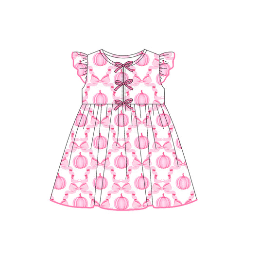 presale GSD2768  Baby Girls Flutter Sleeves Pink Bows Pumpkins Plaid Knee Length Dresses  D 7.16