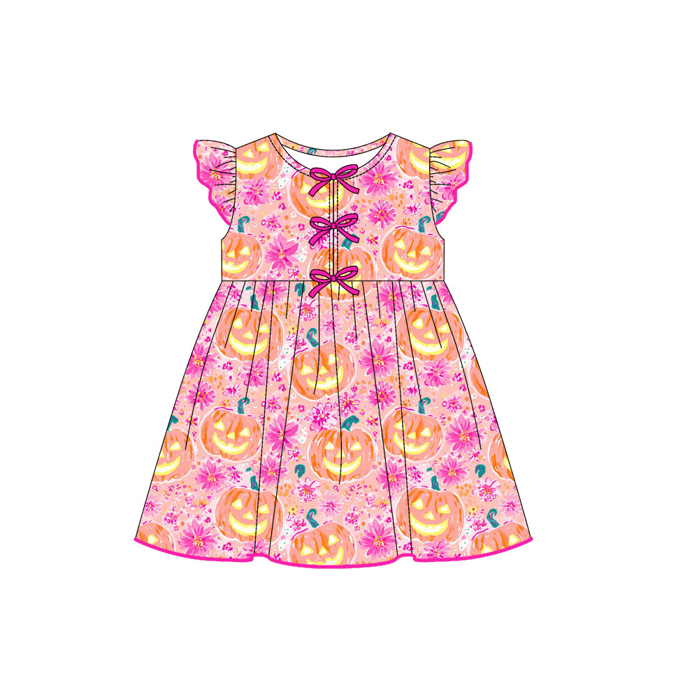 presale GSD2770  Baby Girls Pink Flutter Sleeves Floral Ghost Pumpkins Knee Length Dresses  D 7.16
