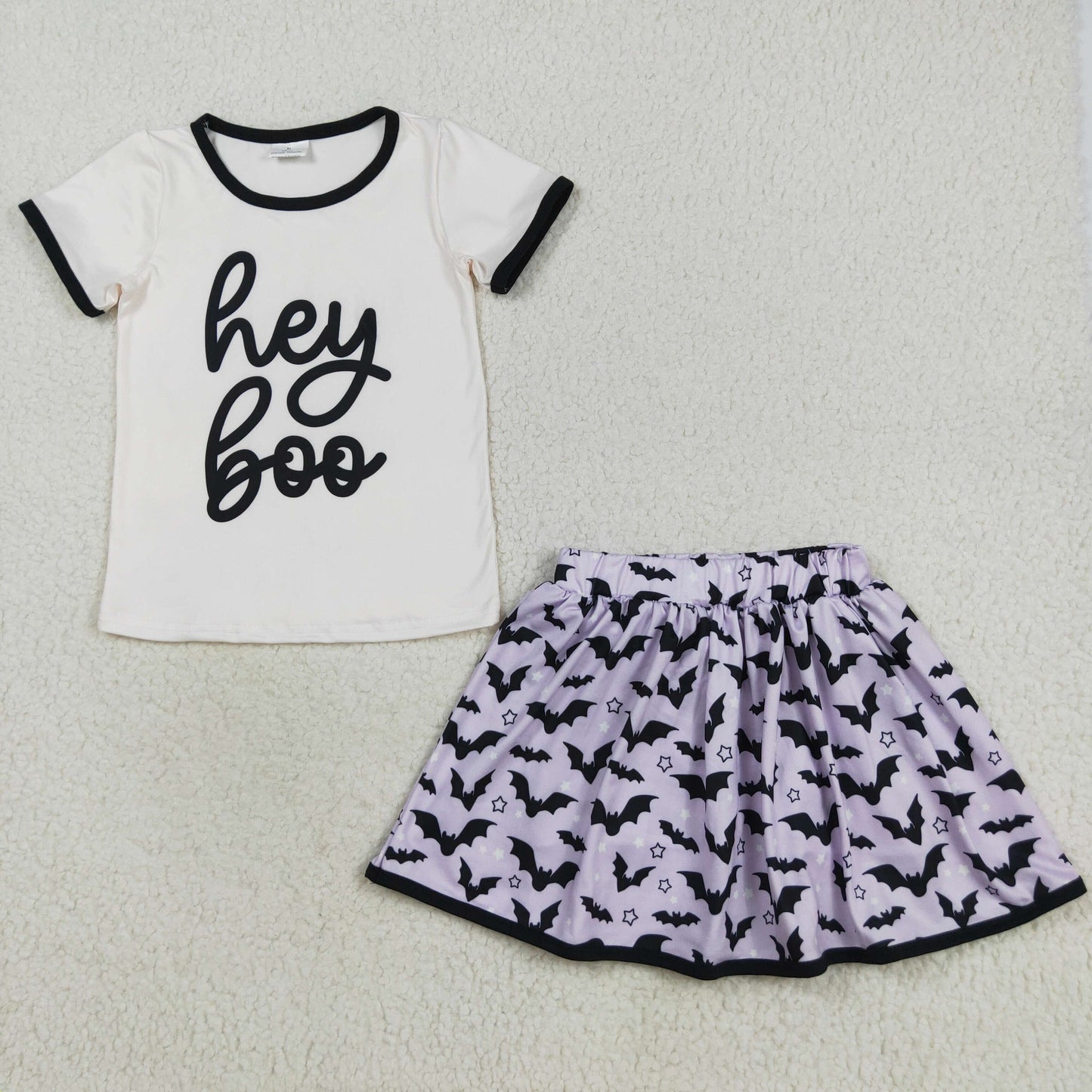 GSD2772 Baby Girls Light Pink Short Sleeves Hey Boo Top Bats Plaid Skirts Set D 822