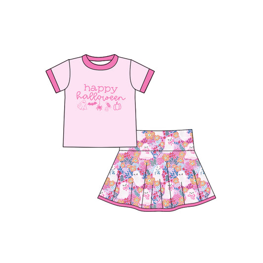 presale GSD2773 Baby Girls Pink Short Sleeves Happy Halloween Top Ghosts Plaid Skirts Set D 7.16