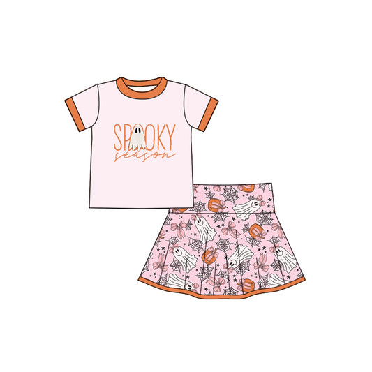 presale GSD2774 Baby Girls Peach Short Sleeves Spooky Top Ghosts Bows Plaid Skirts Set D 7.16