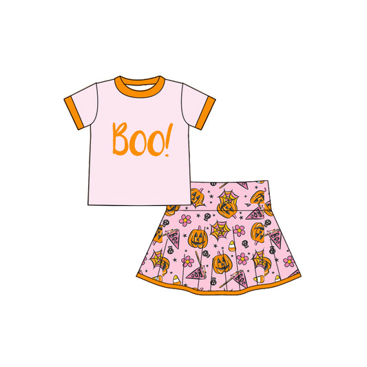 presale GSD2775 Baby Girls Peach Short Sleeves Boo Top Ghosts Pumpkins Plaid Skirts Set   D 7.16