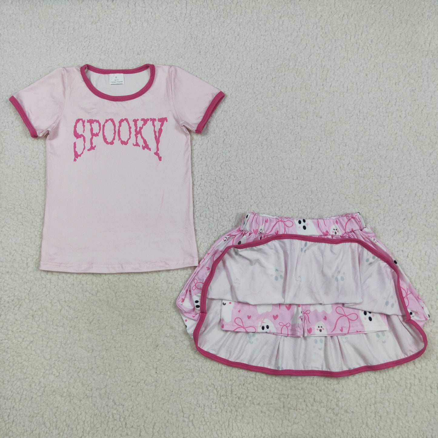 GSD2776  Baby Girls Pink Short Sleeves Spooky Top Ghosts Bows Plaid Skirts Set  D 828
