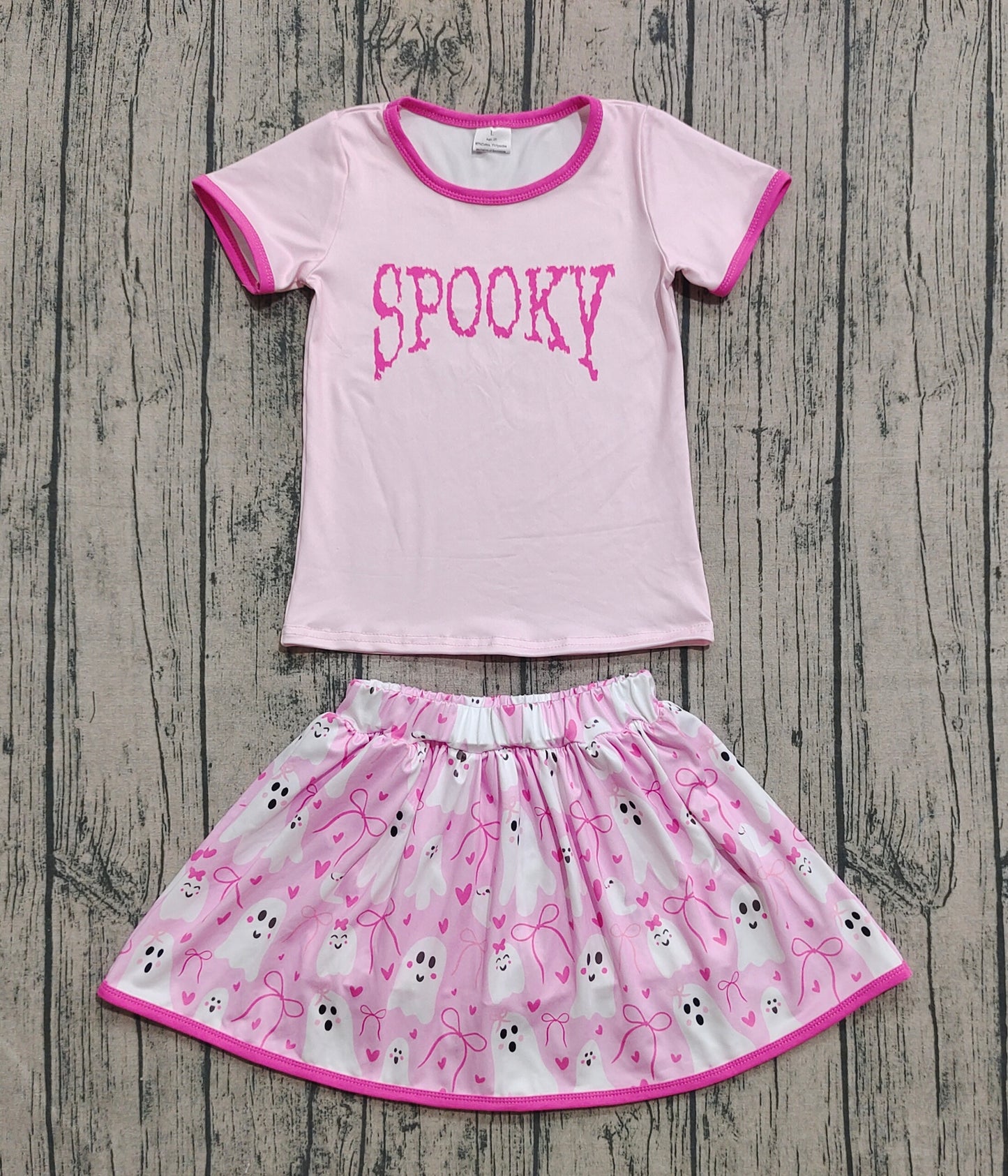 GSD2776  Baby Girls Pink Short Sleeves Spooky Top Ghosts Bows Plaid Skirts Set  D 828