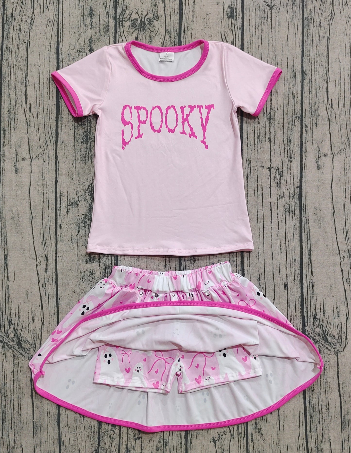 GSD2776  Baby Girls Pink Short Sleeves Spooky Top Ghosts Bows Plaid Skirts Set  D 828