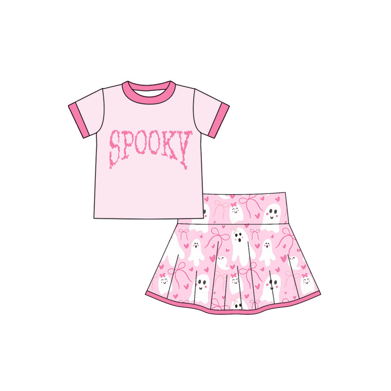 GSD2776  Baby Girls Pink Short Sleeves Spooky Top Ghosts Bows Plaid Skirts Set  D 828