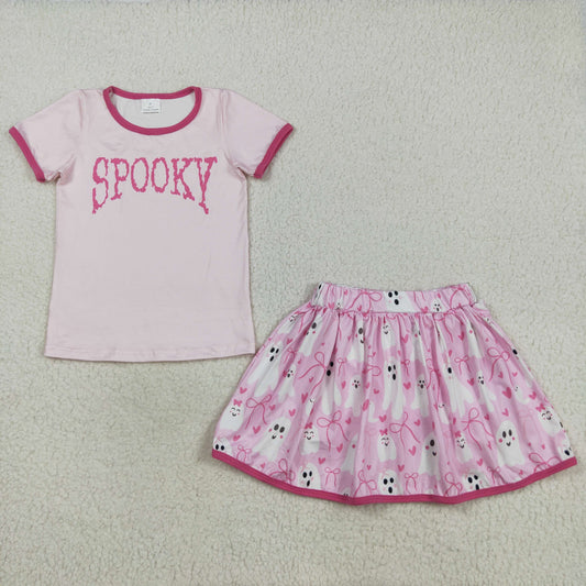 GSD2776  Baby Girls Pink Short Sleeves Spooky Top Ghosts Bows Plaid Skirts Set  D 828