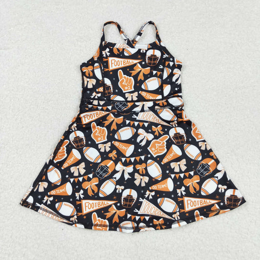 GSD2777  Baby Girls Strap Bows Footballs Plaid Shorts Team Yoga Active Knee Length Dresses  D 828