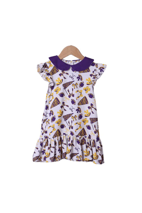 presale GSD2784  Baby Girls Purple Flutter Sleeves Cheer Bows Plaid Team Knee Length Dresses   D 7.19