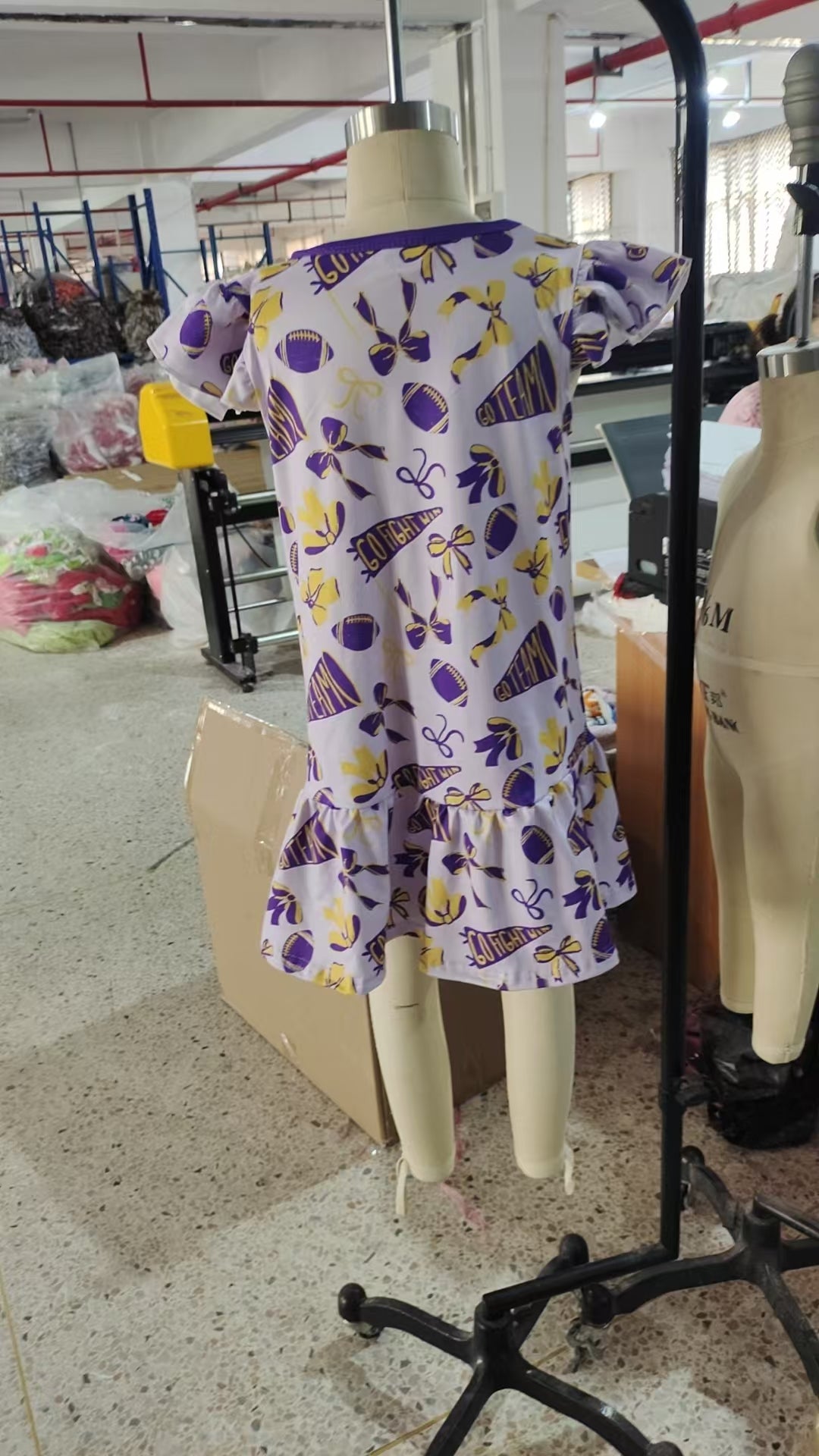 presale GSD2784  Baby Girls Purple Flutter Sleeves Cheer Bows Plaid Team Knee Length Dresses   D 7.19
