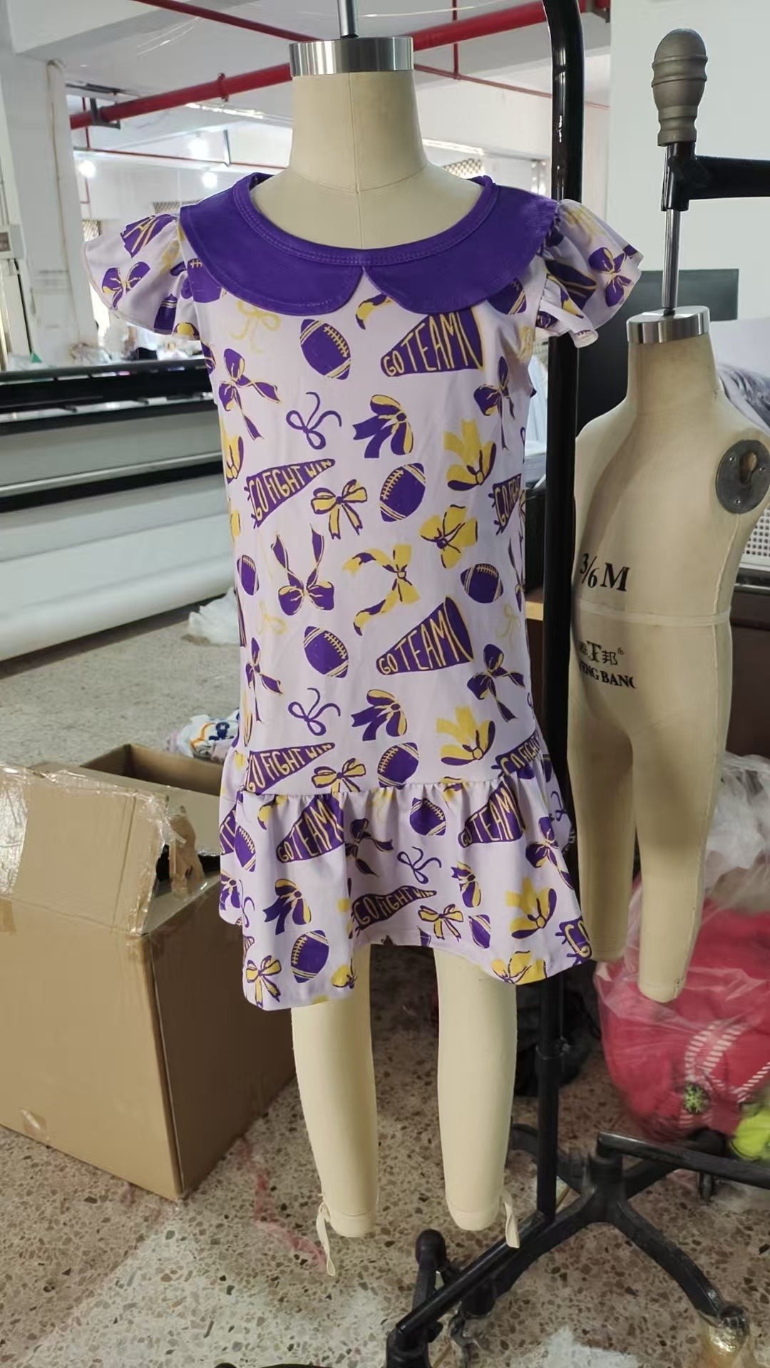 presale GSD2784  Baby Girls Purple Flutter Sleeves Cheer Bows Plaid Team Knee Length Dresses   D 7.19