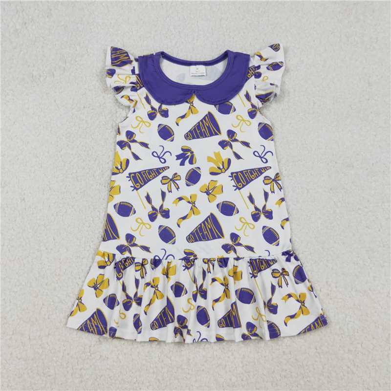 Sibling Baby Girls Purple Bows Footballs Go Team Ruffle Zipper Romper Knee Length Dress  D 929