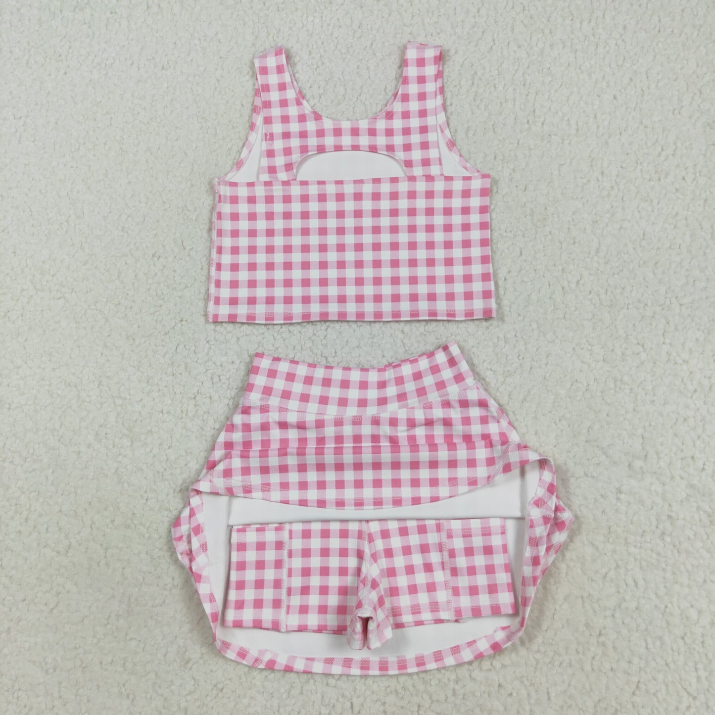 GSD2786 Pink and White Plaid Sleeveless Pants and Skirt yoga clothes  Set D 7.19