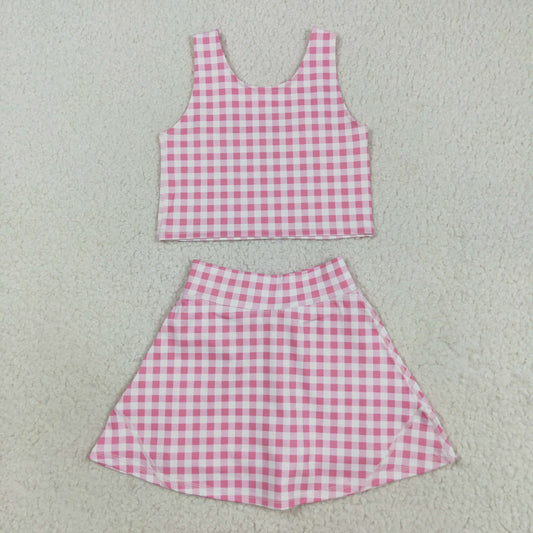 GSD2786 Pink and White Plaid Sleeveless Pants and Skirt yoga clothes  Set D 7.19