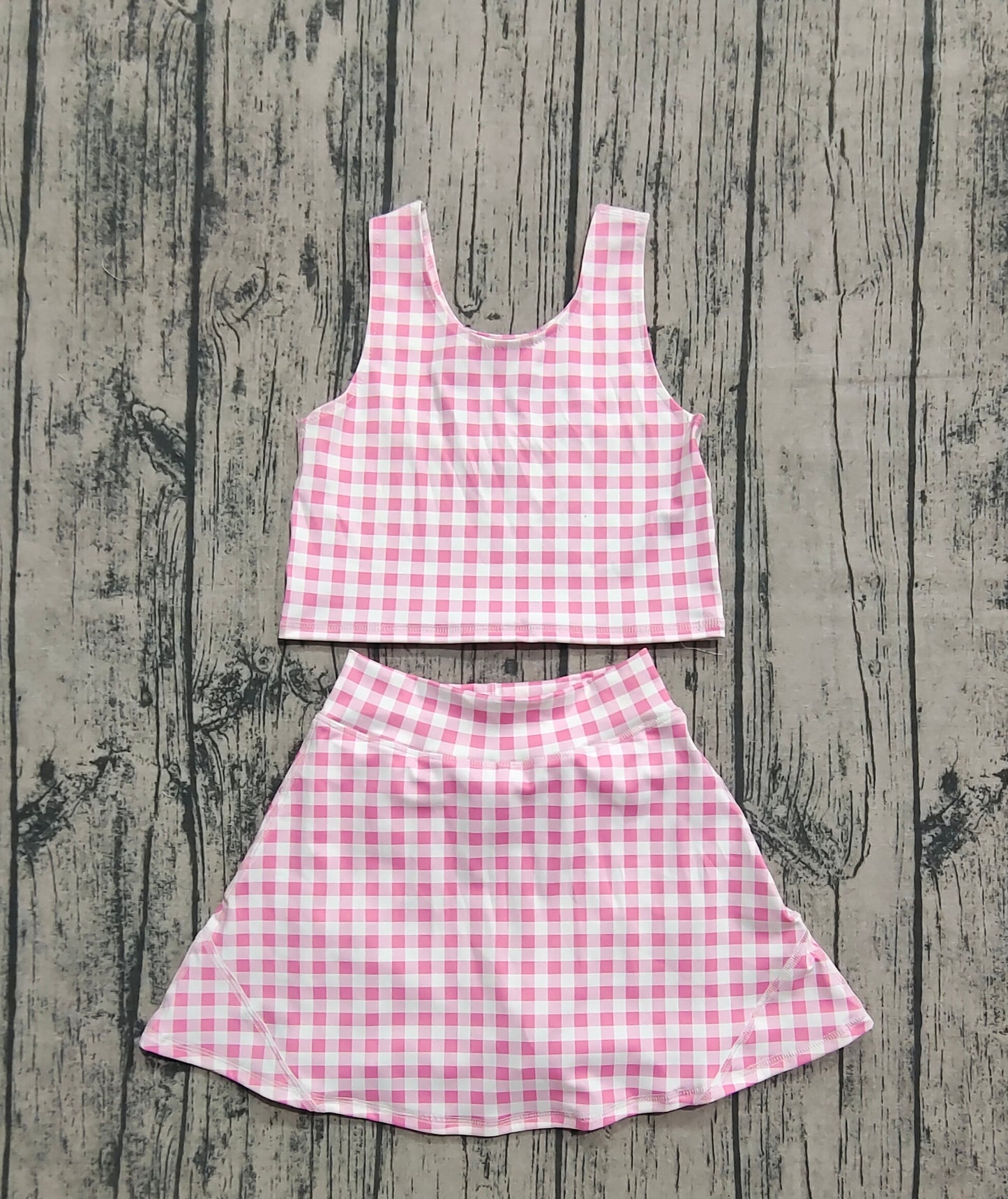 GSD2786 Pink and White Plaid Sleeveless Pants and Skirt yoga clothes  Set D 7.19
