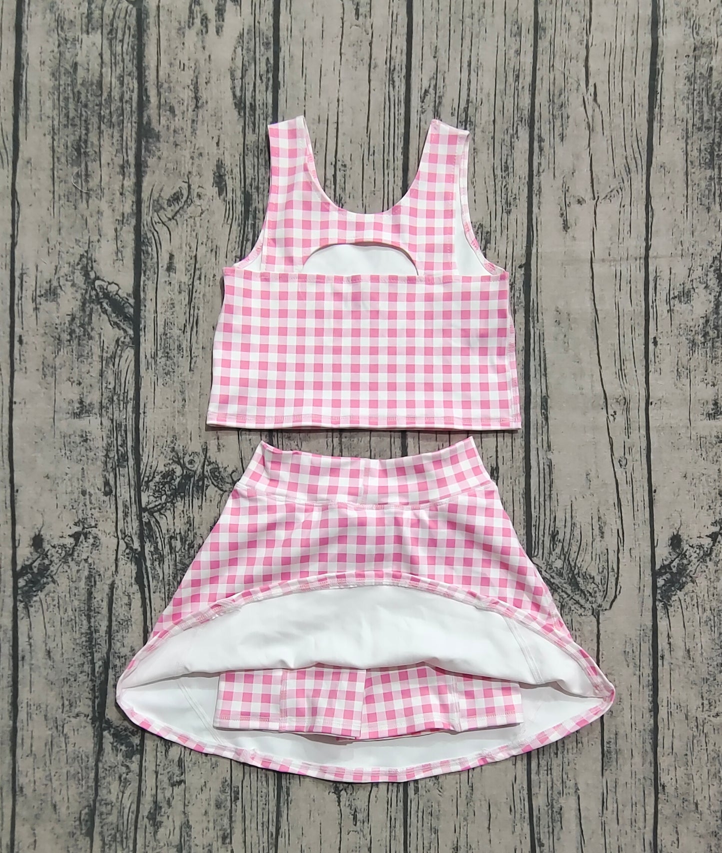 GSD2786 Pink and White Plaid Sleeveless Pants and Skirt yoga clothes  Set D 7.19