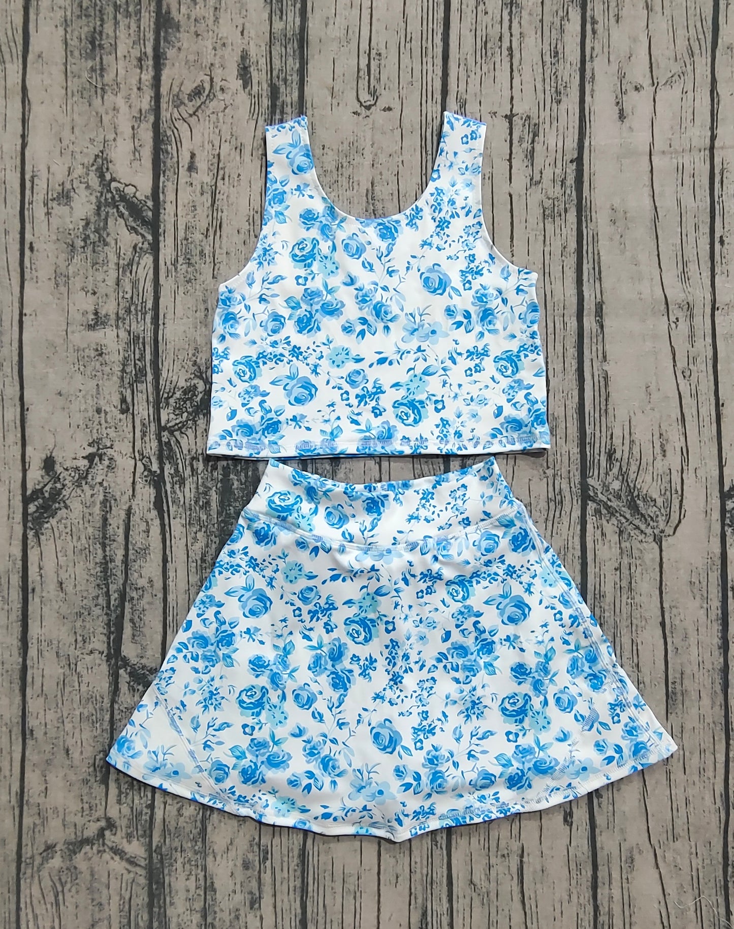 presale GSD2787 Baby Girls Summer Blue Flowers Top Skirts Active Wear Yoga Clothes Sets  D 7.19