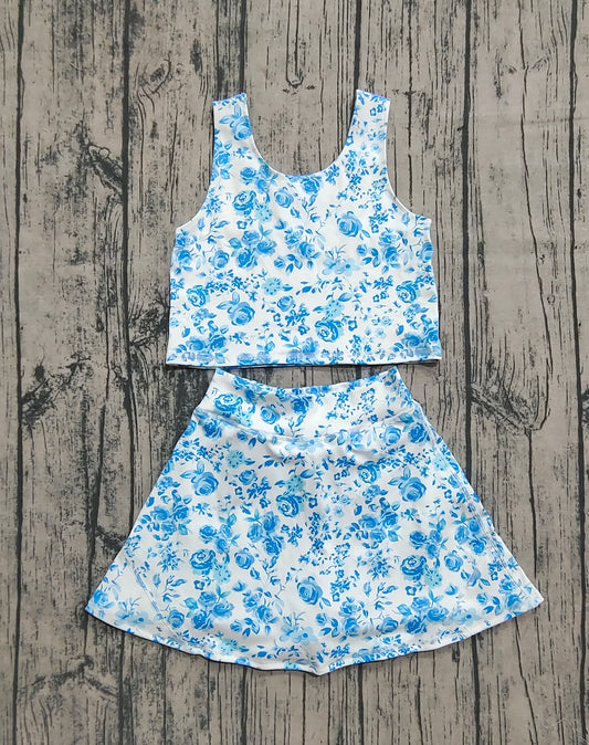 presale GSD2787 Baby Girls Summer Blue Flowers Top Skirts Active Wear Yoga Clothes Sets D 7.19