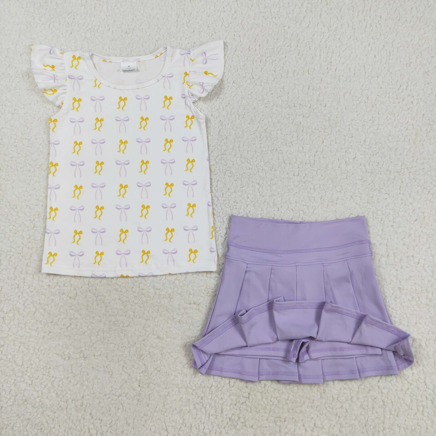 GSD2789 Baby Girls Yellow Purple Bows Shirts Top Yoga Pleated Skorts Set  D 8.5