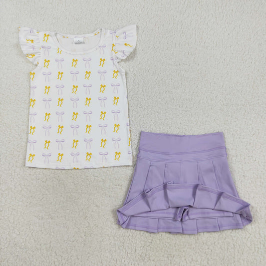 GSD2789 Baby Girls Yellow Purple Bows Shirts Top Yoga Pleated Skorts Set  D 8.5
