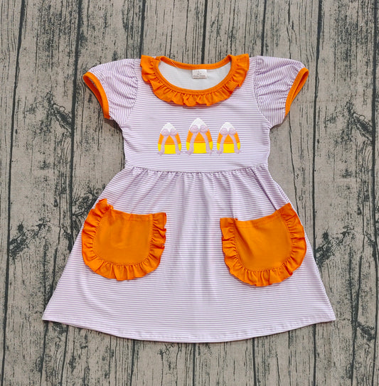 presale GSD2791  Baby Girls Lavender Stripe Bows Candy Pockets Thanksgiving Knee Length Dresses D 8.5