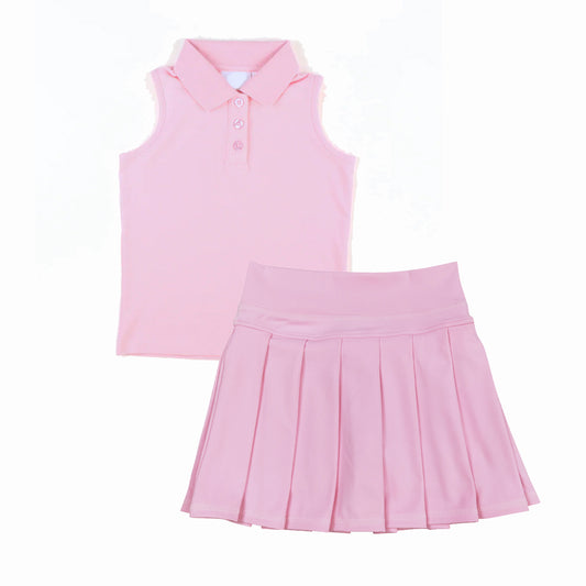 presale GSD2794 Baby Girls Pink Sleeveless Button Top Pleated Skorts Yoga Set  D 8.9