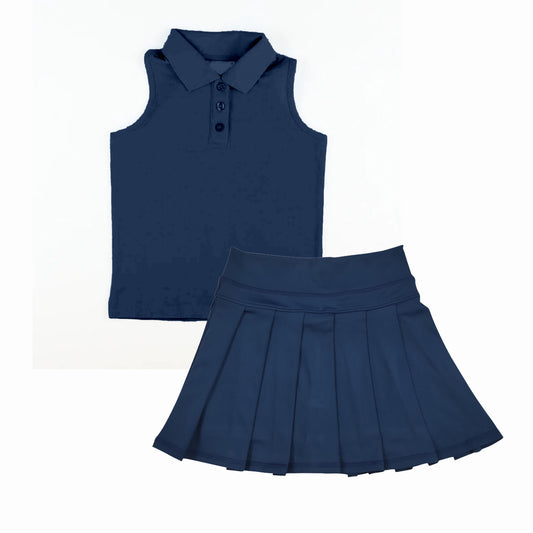 presale GSD2796 Baby Girls Navy Sleeveless Button Top Pleated Skorts Yoga Set D 8.9