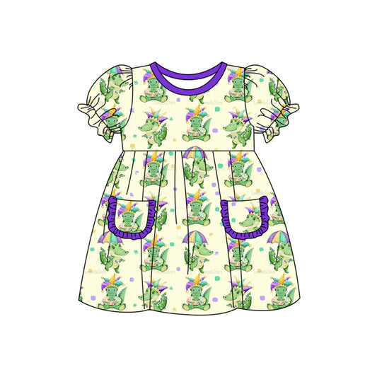 presale GSD2806 Baby Girls Short Sleeve Dinosaurs Pockets Mardi Gras Knee Length Dresses D 912