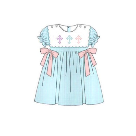 presale GSD2807 Baby Girls Cross Bows Short Ruffle Sleeve Easter Knee Length Dresses   D 915