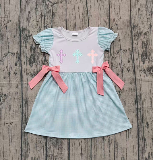 presale GSD2807 Baby Girls Cross Bows Short Ruffle Sleeve Easter Knee Length Dresses D 915
