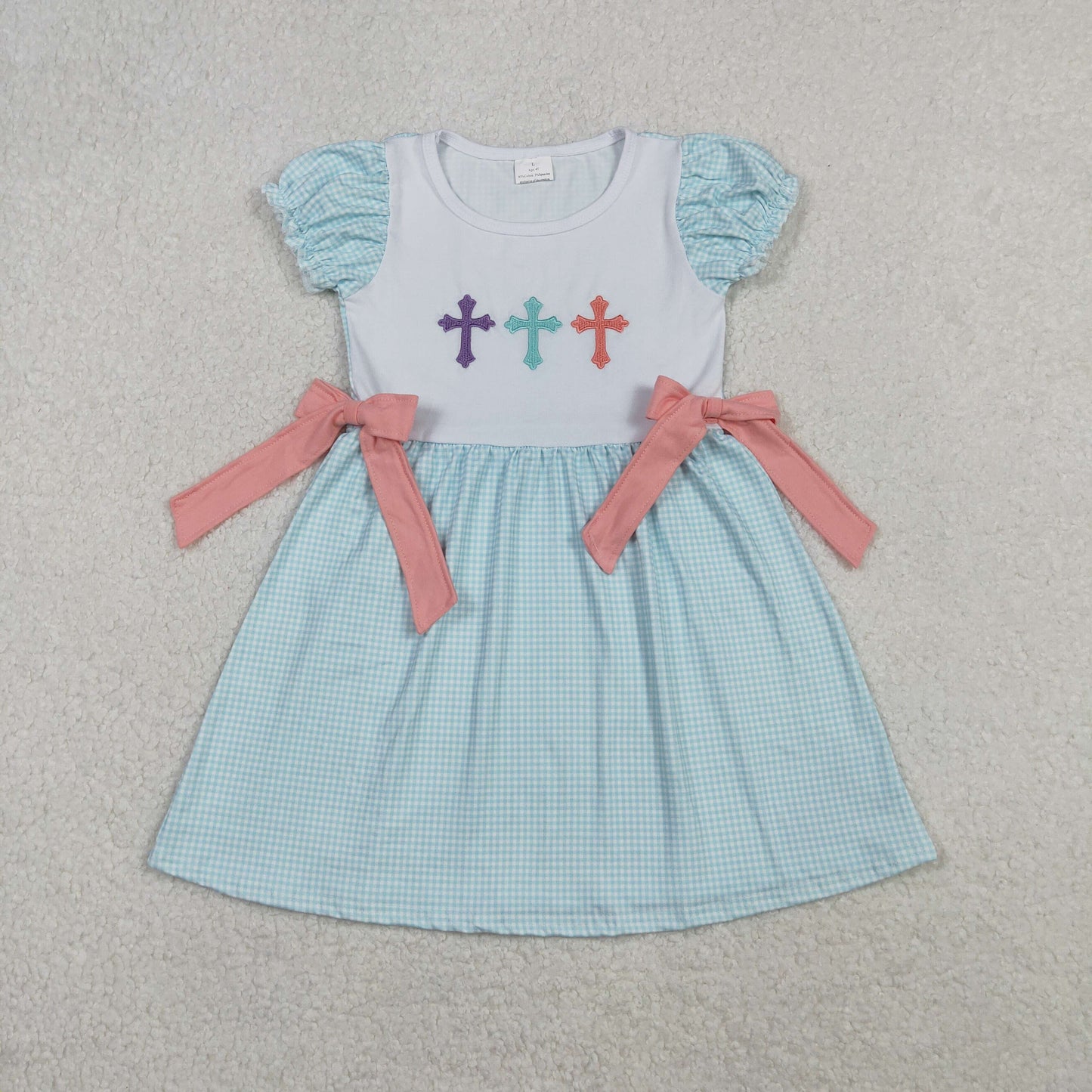 Embroidery Crosses Baby Girls Bows Easter Knee Length Dresses Bummies Clothes Sets  D 1110