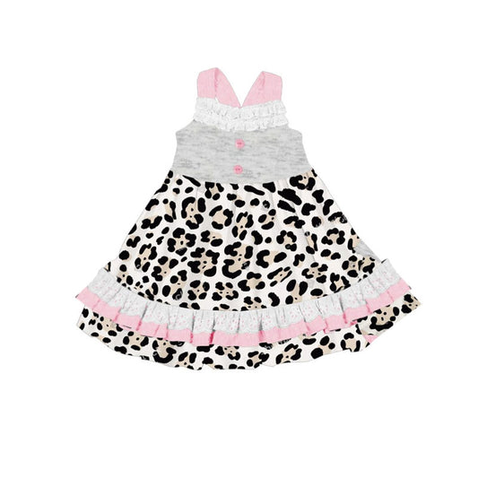 presale GSD2808 Baby Girls Strap Leopard Button Easter Ruffle Knee Length Dresses D 915