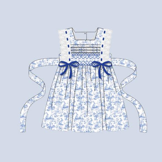 presale GSD2810 Baby Girls Lace Sleeveless Rabbits Floral Easter Knee Length Dress With Belt  D 915