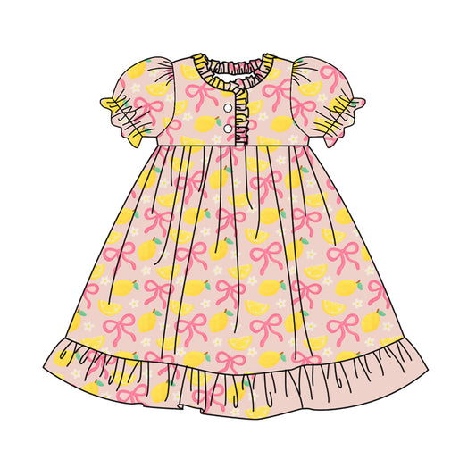 presale GSD2812 Baby Girls Bows Lemons Flowers Button Ruffle Knee Length Dresses  D 917