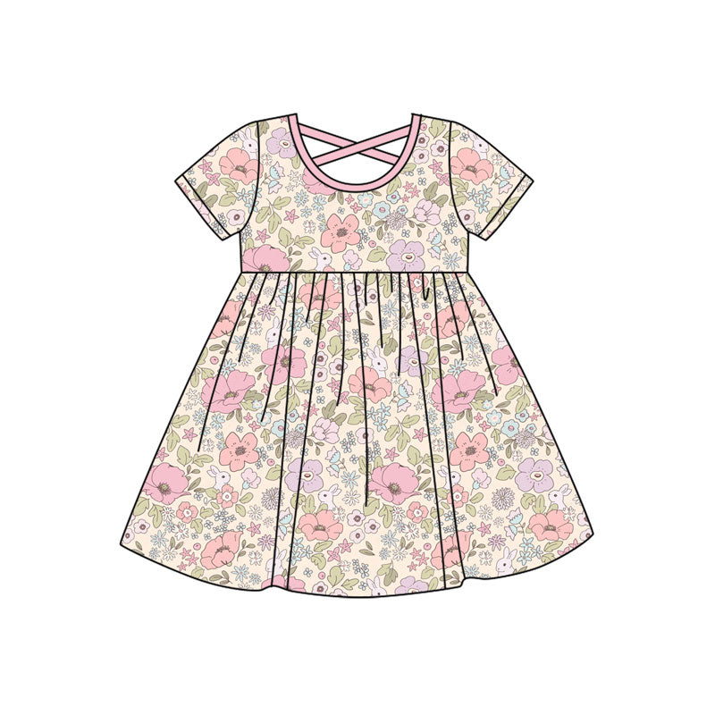 presale GSD2814  Baby Girls Short Sleeve Flowers Rabbits Easter Knee Length Dresses   D 917