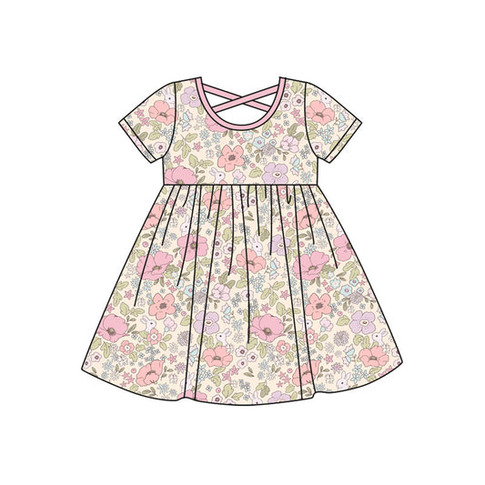 presale GSD2814  Baby Girls Short Sleeve Flowers Rabbits Easter Knee Length Dresses   D 917