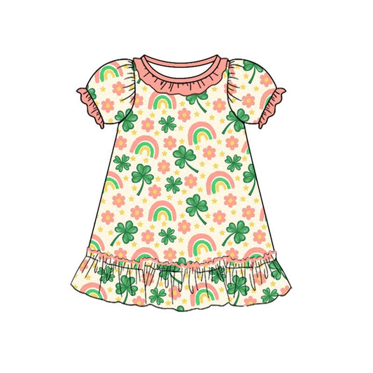 presale GSD2815 Baby Girls Flowers Clovers Ruffle Sleeve St Patrick Knee Length Dresses    D 918