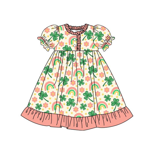 presale GSD2816 Baby Girls Flowers Clovers Button Ruffle Sleeve St Patrick Knee Length Dresses    D 918