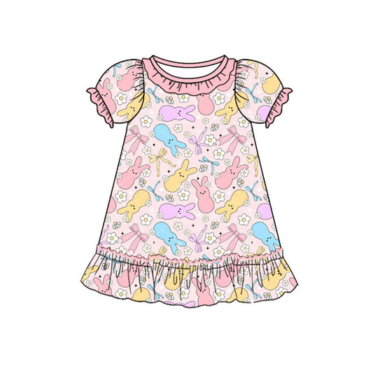 presale GSD2818 Baby Girls Colorful Flowers Rabbits Easter Ruffle Knee Length Dresses  D 918