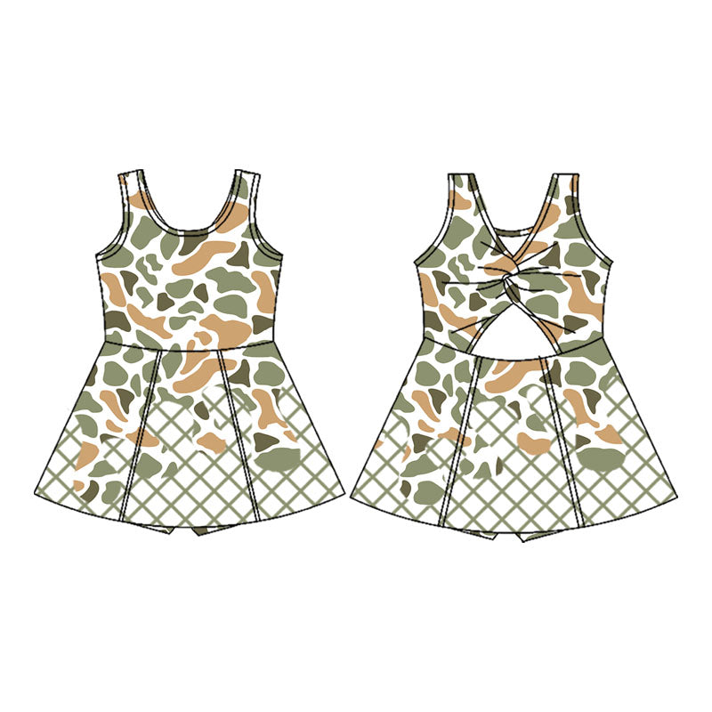 presale GSD2820  Baby Girls Green Camo Drip Team Shorts Yoga Knee Length Dresses    D919