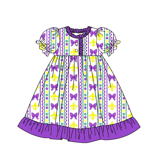 presale GSD2825 Baby Girls Anchors Bows Stripe Button Ruffle Mardigras Knee Length Dresses D 920