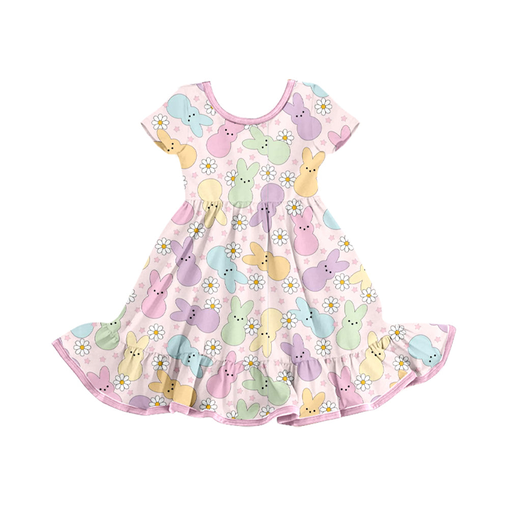 presale GSD2826  Baby Girls Colorful Rabbits Flowers Ruffle Easter Knee Length Dresses   D 923