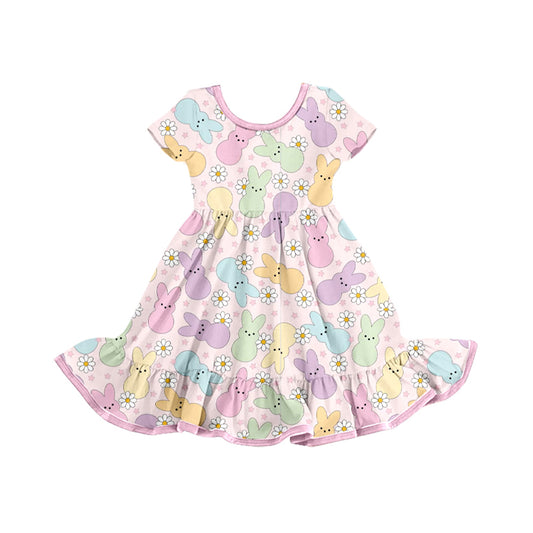presale GSD2826 Baby Girls Colorful Rabbits Flowers Ruffle Easter Knee Length Dresses D 923