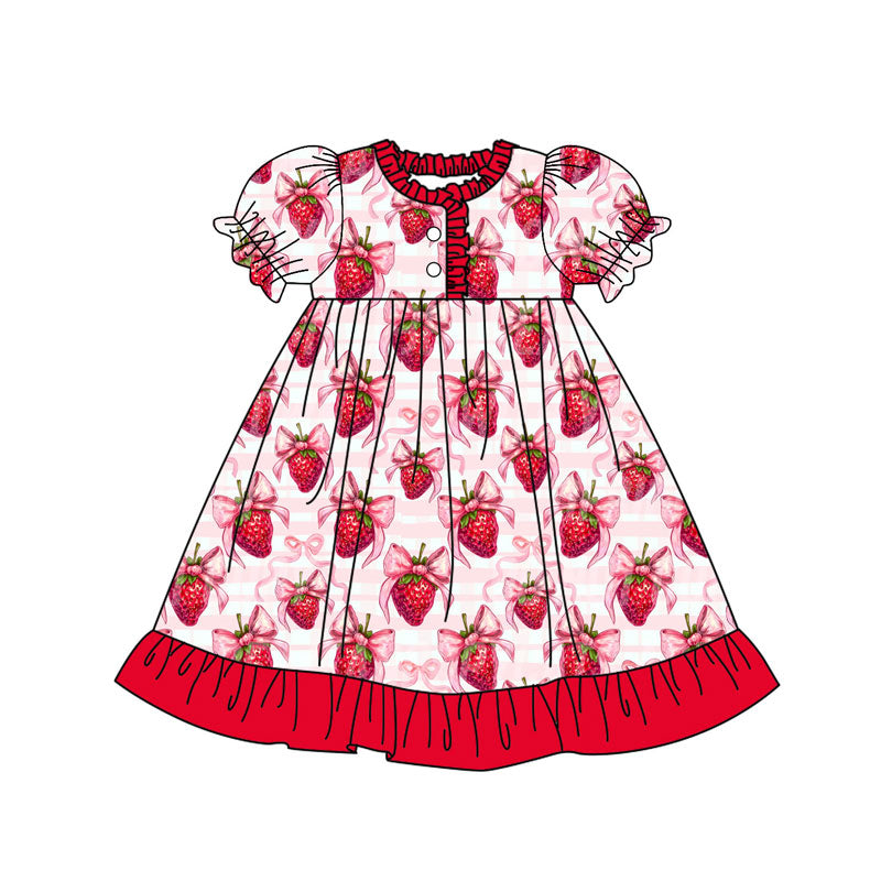 presale GSD2830 Baby Girls Bows Strawberry Stripe Button Ruffle Valentine Knee Length Dresses  D 924