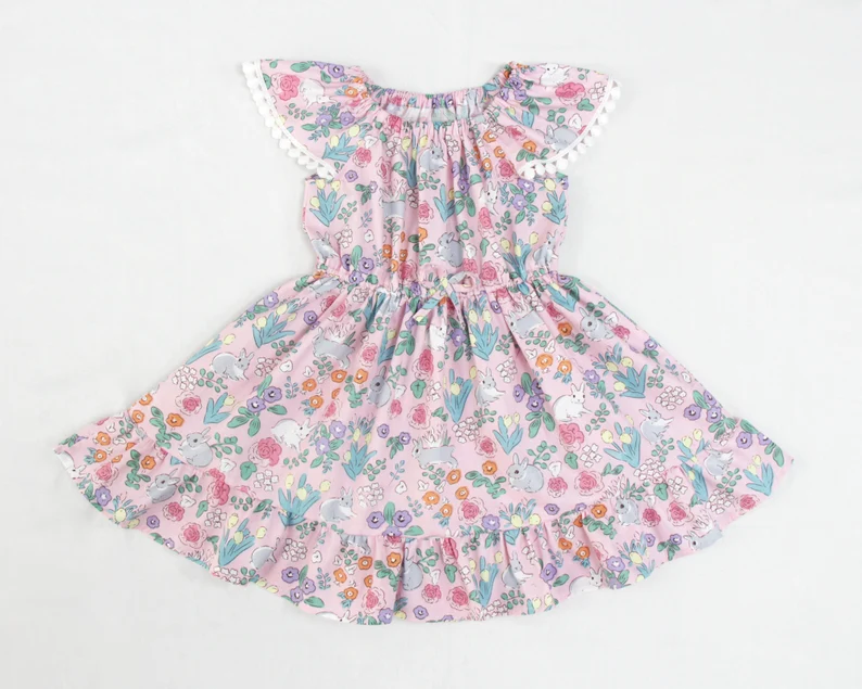 presale GSD2833  Baby Girls Pink Flowers Rabbits Easter Ruffle Knee Length Dresses D 924