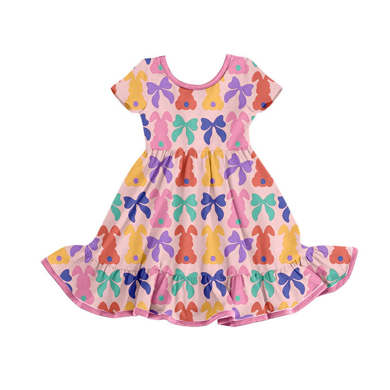 presale GSD2834 Baby Girls Colorful Bows Rabbits Easter Ruffle Knee Length Dresses D 924