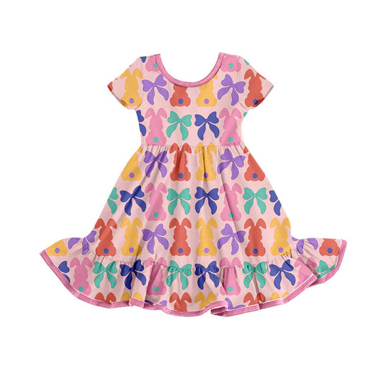presale GSD2834 Baby Girls Colorful Bows Rabbits Easter Ruffle Knee Length Dresses D 924